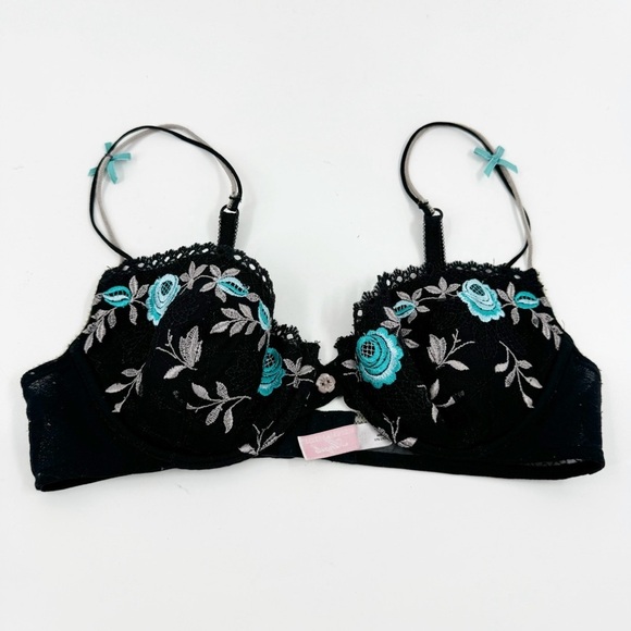 ✅ VICTORIA'S SECRET ANGELS BLACK/TEAL FLORAL LACE UNDERWIRE BRA SIZE 34B - Picture 1 of 7